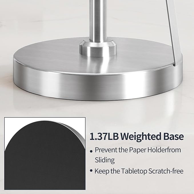 Jesginboo Brushed Nickel Paper Towel Holder for Kitchen, Stainless Steel Tension Arm for One-Handed Tear, Countertop Paper Towel Holder for Bathroom