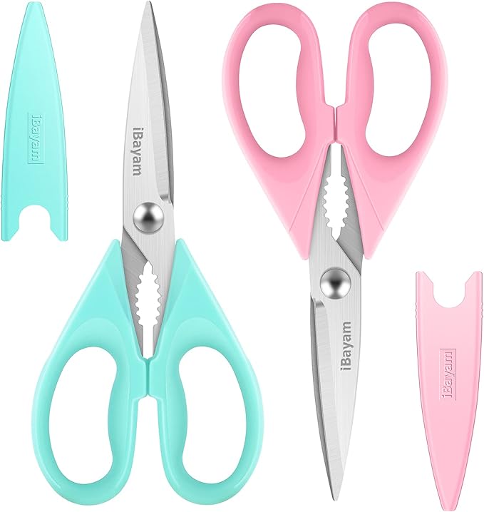 iBayam Kitchen Scissors - All Purpose Heavy Duty Meat Scissors, Poultry Shears, Dishwasher Safe, Stainless Steel, 2-Pack, Pastel Pink, Mint Blue by iBayamDirect