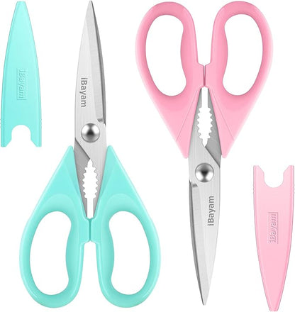 iBayam Kitchen Scissors - All Purpose Heavy Duty Meat Scissors, Poultry Shears, Dishwasher Safe, Stainless Steel, 2-Pack, Pastel Pink, Mint Blue by iBayamDirect