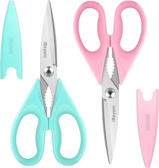 iBayam Kitchen Scissors - All Purpose Heavy Duty Meat Scissors, Poultry Shears, Dishwasher Safe, Stainless Steel, 2-Pack, Pastel Pink, Mint Blue by iBayamDirect