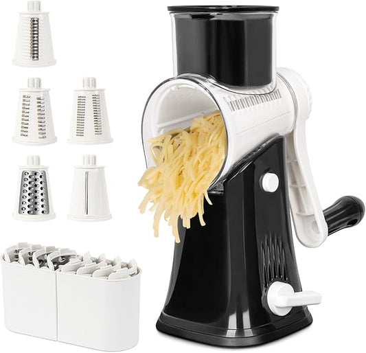 X Home 5-in-1 Rotary Cheese Grater for Kitchen, Upgraded Hand Crank Shredder with Stronger Suction Base & Multifunctional Drum Blades, for Cheese, Vegetables and Nuts, Easy to Use and Clean, Black by XHome