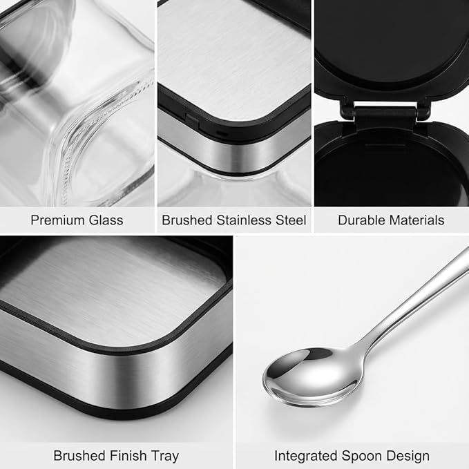 Condiment Jar Spice Container with 304 Stainless Steel Lids and Spoons,Clear Glass Condiment Canisters Pots Seasoning Box Salt Container Sugar Bowl Set of 3 for Kitchen, Counter, Food Storage