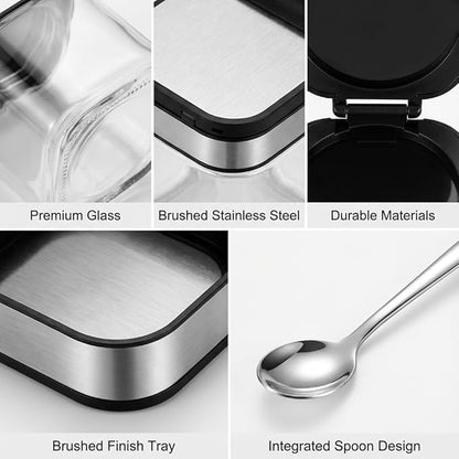 Condiment Jar Spice Container with 304 Stainless Steel Lids and Spoons,Clear Glass Condiment Canisters Pots Seasoning Box Salt Container Sugar Bowl Set of 3 for Kitchen, Counter, Food Storage