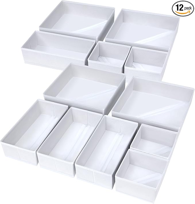 DIMJ Drawer Organizer Clothes, 12 Pack Fabric Closet Organizers and Storage, Foldable Baby Clothes Organizer & Dresser Bin For Nursery, Bedroom, Closet, Socks, Bra, Tie,White by DiMJ