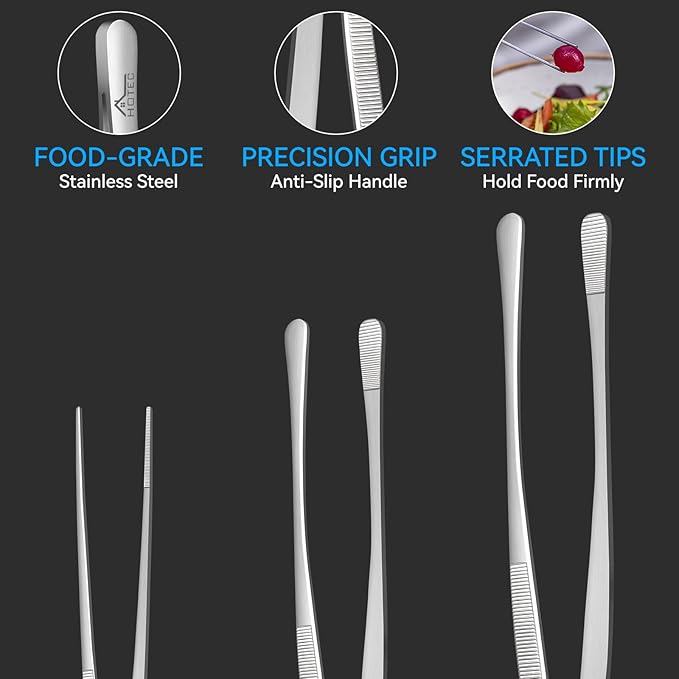 HOTEC Kitchen Tweezers Tongs Stainless Steel Professional Chef Tweezers, Set of 3-6.3", 10" and 12inch Food Tongs for Cooking, Repairing, Dessert, BBQ, Meat, Pasta - Image 6