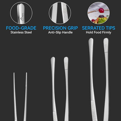 HOTEC Kitchen Tweezers Tongs Stainless Steel Professional Chef Tweezers, Set of 3-6.3", 10" and 12inch Food Tongs for Cooking, Repairing, Dessert, BBQ, Meat, Pasta - Image 6