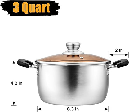 P&P CHEF 3 Qt Stockpot with Lid, Stainless Steel Cooking Stock Pot for Soup, Heat-Proof Double Handles with Visible Lid, Dishwasher Safe & Healthy, 1-Ply Metal
