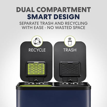 Simpli-Magic 60 Liter / 16 Gallon Rectangular Hands-Free Dual Compartment Recycling Kitchen Step Trash Can with Soft-Close Single Lid, Stainless Steel (30L x 30L Capacity) Blue - Image 2