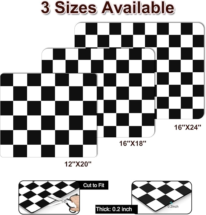 Dish Drying Mat for Kitchen Counter, 12" x 20" Checkered Coffee Bar Mat for Espresso Machine, Absorbent and Stain-Resistant Countertop Protector, Non-Slip Rubber Back Drying Pad, Black & White