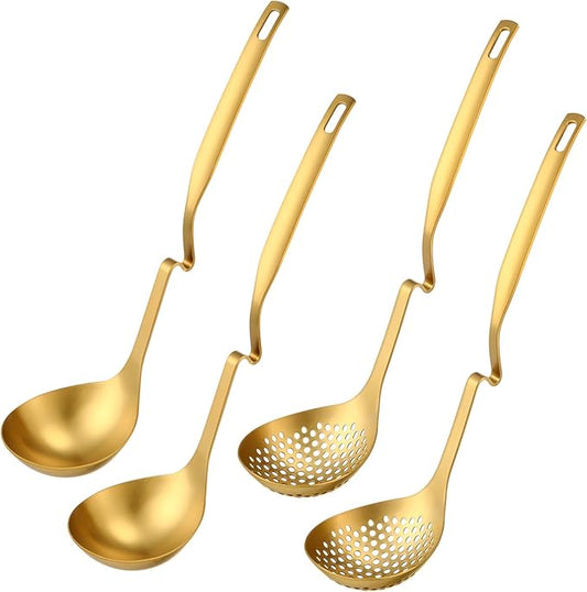 Patelai Hot Pot Slotted Ladle Set Stainless Steel Soup Ladle Strainer Scoops Cooking Skimmer Cookware Utensil for Hotpot Scooping Sauce Serving, 12 Inch(4 Pcs,Gold)