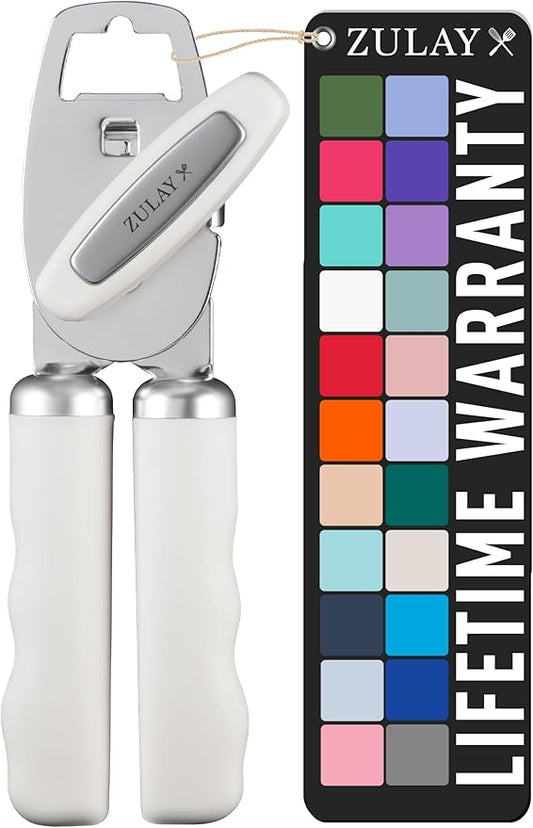 Zulay Kitchen Heavy Duty Stainless Steel Can Opener Manual with Bottle Opener - Rust Proof Manual Can Opener With Turn Knob & Comfy Soft Grip Handles - White by ZulayKitchen