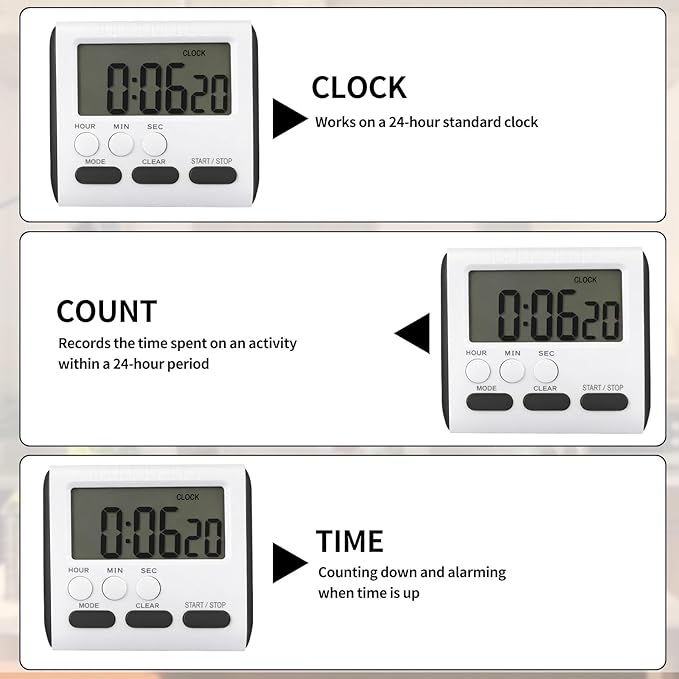 Mudder 12 Pack Digital Kitchen Timer for Cooking, Large Digits, 24 Hour Magnetic Backing Stand Kitchen Timers Clock for Classroom Kids Teachers, Loud Alarm and Large Screen (Black) - Image 3