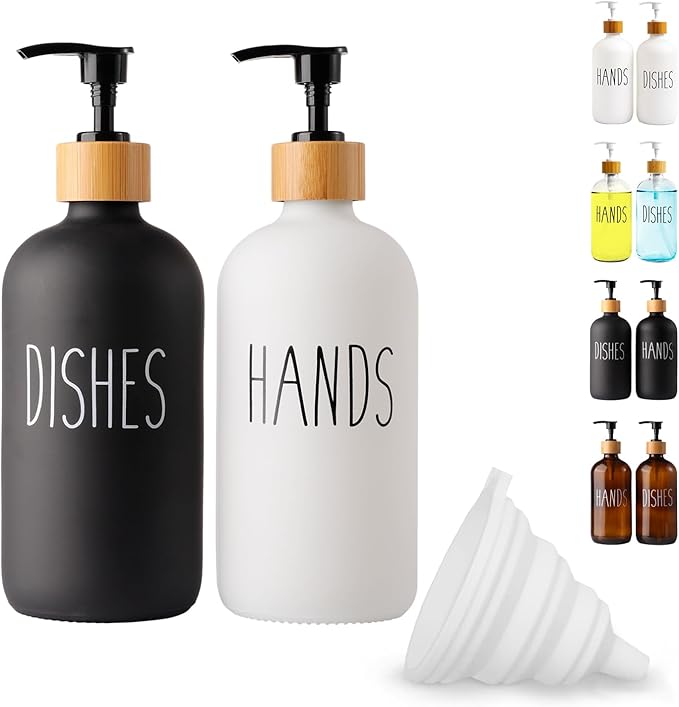 LOOCHICA 2 Pack Glass Soap Dispenser Set, Hand and Dish Glass Soap Dispensers for Kitchen Sink, Kitchen Soap Dispenser Set Suitable for Black and White Kitchen Décor by Loochica