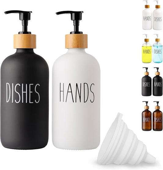 LOOCHICA 2 Pack Glass Soap Dispenser Set, Hand and Dish Glass Soap Dispensers for Kitchen Sink, Kitchen Soap Dispenser Set Suitable for Black and White Kitchen Décor by Loochica