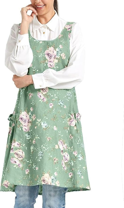 Cozy Adjustable Cross Back Aprons for Women with Pockets Cotton Linen Cooking Kitchen Baking