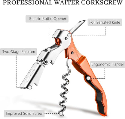 HYZ 2-Pack Wine Opener Waiter Corkscrew, Professional Wine Key for Servers, Bartender with Foil Cutter, Manual Wine Bottle Opener Double Hinged (Orange) - Image 2