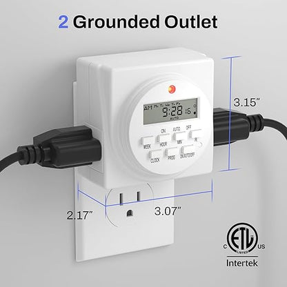 BN-LINK Indoor Digital Timer Outlet, Dual Outlet 7 Day Programmable Light Switch, 3 Prong Plug in Timers for Electrical Outlets, Lamps, Fans, 8 On/Off Programs, 2 Pack, 15A/1875W, ETL Listed - Image 2