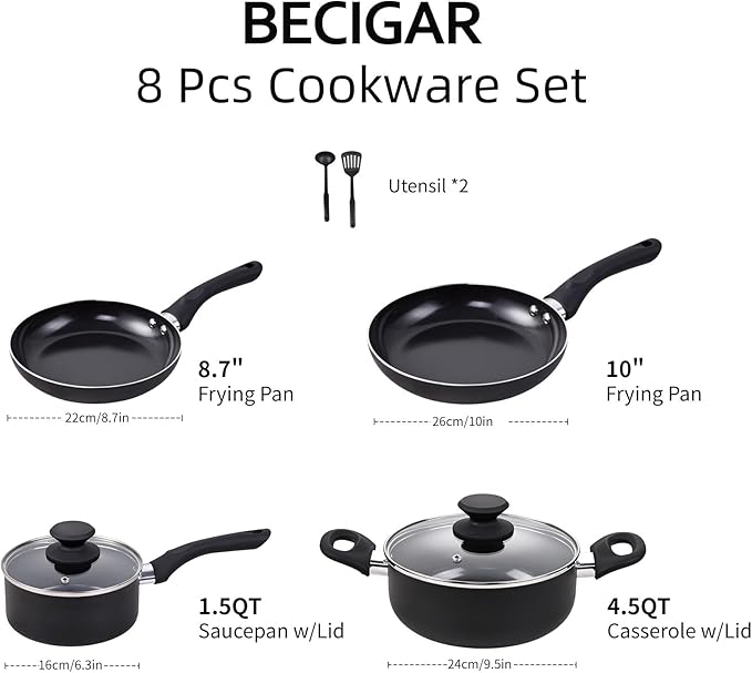 BECIGAR 8pcs Black Ceramic Pots and Pans Set, Cooking Pan Set,Cooking Pot Set Ceramic Pan Set, Nonstick Cookware Set, Induction Safe Kitchen Cooking Set with Frying Pans, Saucepans, shovel and Ladle - Image 2