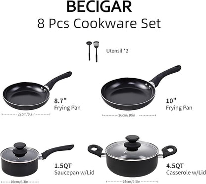 BECIGAR 8pcs Black Ceramic Pots and Pans Set, Cooking Pan Set,Cooking Pot Set Ceramic Pan Set, Nonstick Cookware Set, Induction Safe Kitchen Cooking Set with Frying Pans, Saucepans, shovel and Ladle - Image 2