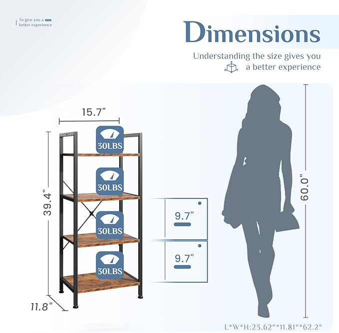 DUMOS 4 Tiers Bookshelf, Classical Book Shelf, Tall Display Shelves in Living Room/Home/Office, Storage Organizer for CDs/Books/Movies, Brown - Image 3