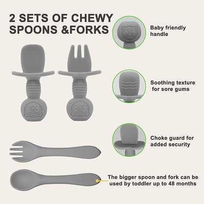 Silicone Baby Feeding Set | Baby Led Weaning Supplies Includes Suction Bowls and Divided Plates, Adjustable Bib, Baby Utensils Spoons and Forks,Cup | Baby Feeding Essentials (Grey)