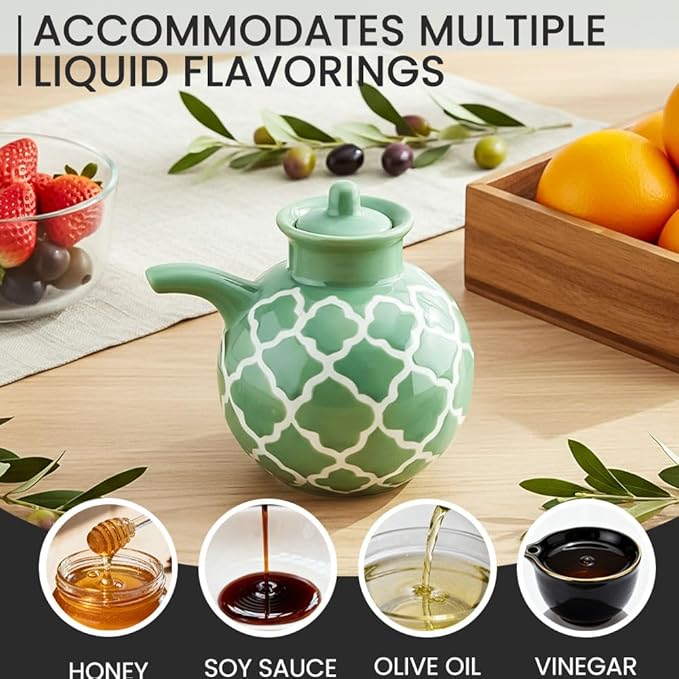 KXZ Ceramic Oil Dispenser with Lid – 13.5 oz Olive Oil Bottle for Kitchen, Soy Sauce or Vinegar, Decorative Ceramic Olive Bottle Dispenser, Small Oil Container Kitchen Cruet Decanter