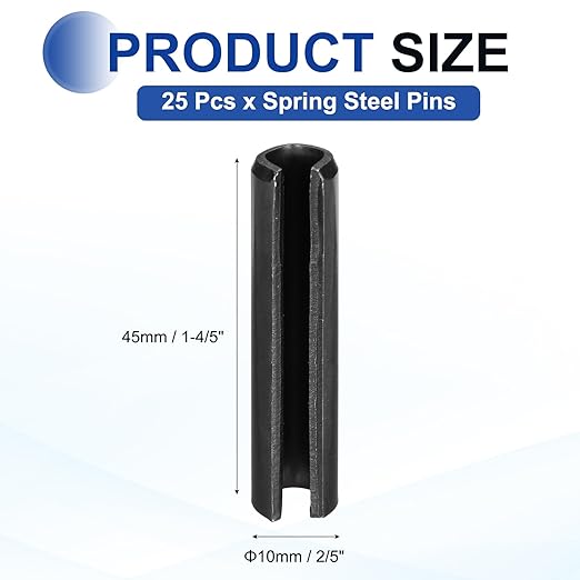 MECCANIXITY 25Pcs Slotted Split Roll Pins 2/5 Inch(10mm) Dia. 1-4/5 Inch(45mm) Length 65Mn Steel Spring Tension Expansion Dowels for Secure Fastening, Black