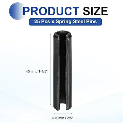 MECCANIXITY 25Pcs Slotted Split Roll Pins 2/5 Inch(10mm) Dia. 1-4/5 Inch(45mm) Length 65Mn Steel Spring Tension Expansion Dowels for Secure Fastening, Black