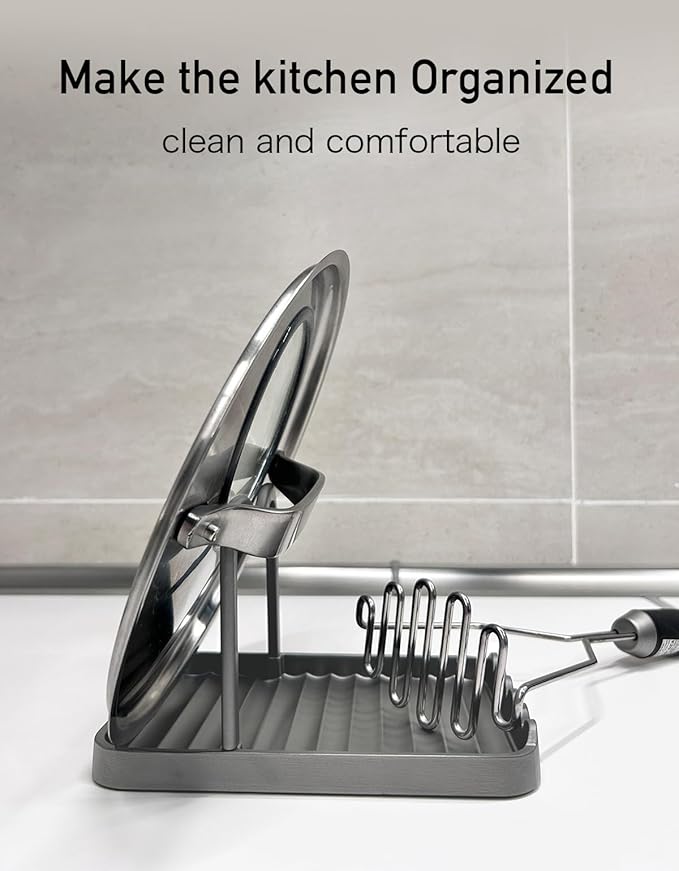 Anti-Rust Metal Spoon Rest with Lid Holder, Heat-Resistant Pot Lid Rest, Multifunctional Spatula Holder While Cooking for Stovetop and Kitchen Counter – Grey - Image 4