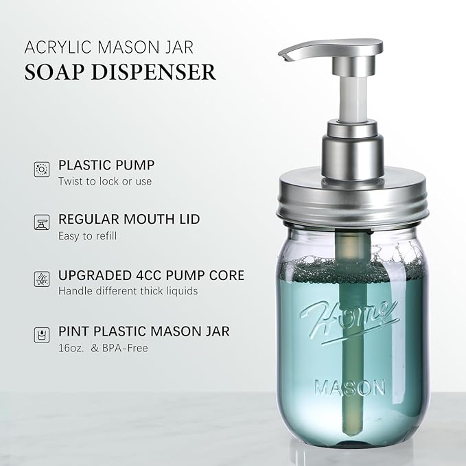Amolliar Plastic Mason Jar Soap Dispenser with Pump Lid,16OZ Refillable Hand Soap Dispenser Set with Cute Lables - Farmhouse Decor for Kitchen Bathroom, Liquid Soap, Dish Soap, Lotion (2 Pack, Silver) - Image 2