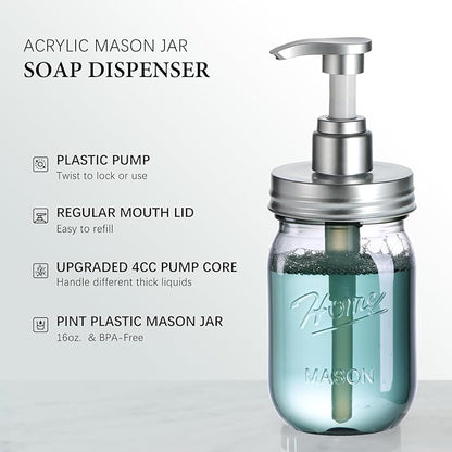 Amolliar Plastic Mason Jar Soap Dispenser with Pump Lid,16OZ Refillable Hand Soap Dispenser Set with Cute Lables - Farmhouse Decor for Kitchen Bathroom, Liquid Soap, Dish Soap, Lotion (2 Pack, Silver) - Image 2