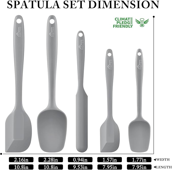 HOTEC 600℉ Heat Resistant BPA-Free Silicone Rubber Spatula Set,Kitchen Cooking Spatulas, Baking, Mixing for Non Stick Cookware, Dishwasher Safe, Set of 5 Grey - Image 2