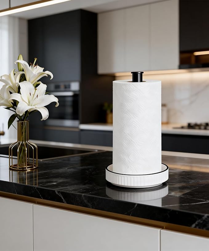 VROOMIUM Paper Towel Holder Countertop, Gold and Ceramic Base Easy-to-Clean, Fits Double to Family Rolls, Elegant and Durable Kitchen Roll Stand, Farmhouse White