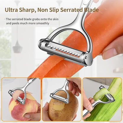 Julienne Peeler Vegetable Peeler with Clean Brush, Julienne Peeler for Kitchen, Potato Apple Vegetable Peelers for Kitchen, 2 in 1 Blade Spin Design With Julienne Function, 1 Pack