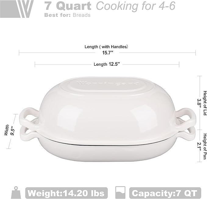 VORRINGARD Enameled Cast Iron Sourdough Bread Oven, Dutch Oven, Loaf Cast Iron Bread Pan for Homemade Bread Baking, Meatloaf Pan with Lid, 7QT, White - Image 2