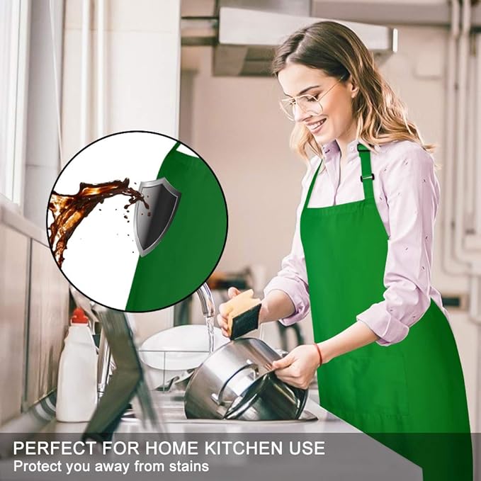 Jubatus 2 Pack Bib Aprons with 2 Pockets Cooking Chef Kitchen Apron for Women Men, Green - Image 3