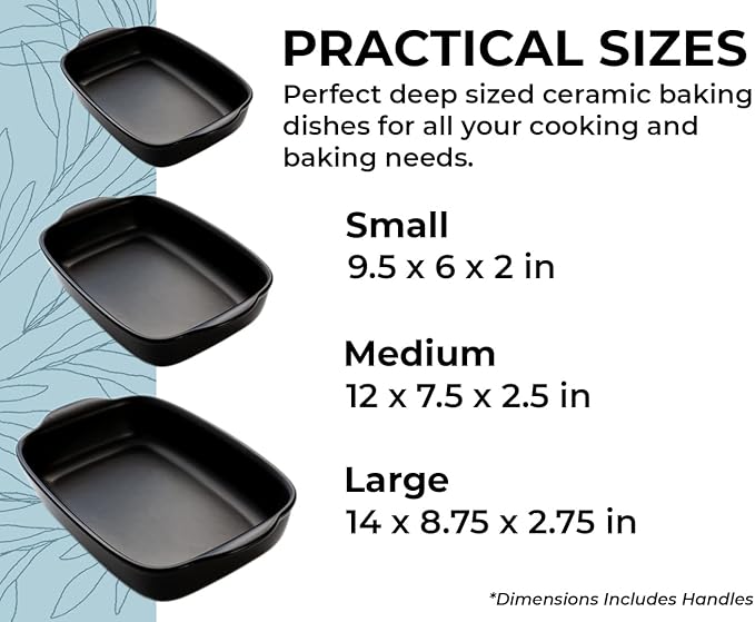 Saffron & Sage Casserole Dish Set of 3 - Baking Dishes for Oven, Contemporary Black Ceramic Baking Dish Set, Heavy Duty Bakeware, Up to 500° High Heat Resistant, Dishwasher, Freezer and Food Safe