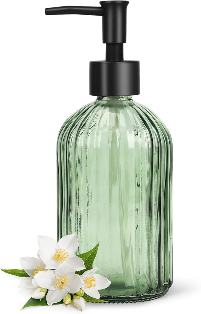 Topsky Glass Soap Dispenser with Black Plastic Pump, 400ml Liquid Hand Soap Dispenser, Rustproof Pump for Kitchen & Bathroom, Great for Lotions, Essential Oil, Liquid Soaps (Army Green) by HomeandKitchenNO1