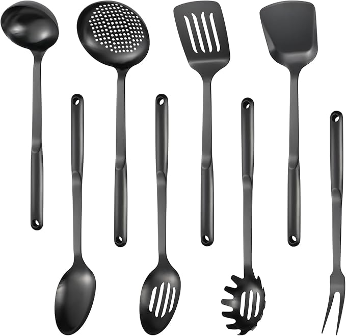 304 Stainless Steel Cooking Utensils Set, 8PCS Kitchen Utensils Set, Include Skimmer, Soup Ladle, Spaghetti Server, Wok Spatula, Slotted Spoon, Solid Spoon, Slotted Spatula Turner & Meat Fork, Black by IzurokBuynow