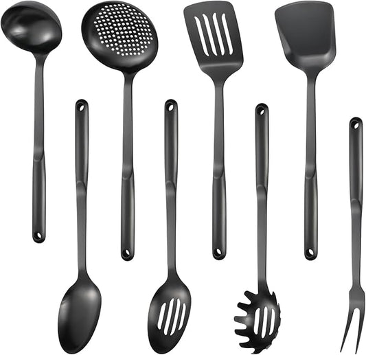 304 Stainless Steel Cooking Utensils Set, 8PCS Kitchen Utensils Set, Include Skimmer, Soup Ladle, Spaghetti Server, Wok Spatula, Slotted Spoon, Solid Spoon, Slotted Spatula Turner & Meat Fork, Black by IzurokBuynow