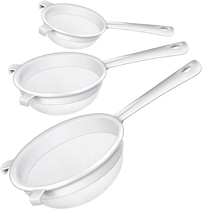 Skyley 3 Pcs Plastic Nylon Mesh Strainer Colander with Handle Double Ear Fine Food Mesh Strainer Flour Sifter for Baking Kitchen Colander Sifter Tea Juice Pasta (5 Inch, 7 Inch, 8.5 Inch)