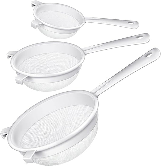 Skyley 3 Pcs Plastic Nylon Mesh Strainer Colander with Handle Double Ear Fine Food Mesh Strainer Flour Sifter for Baking Kitchen Colander Sifter Tea Juice Pasta (5 Inch, 7 Inch, 8.5 Inch)