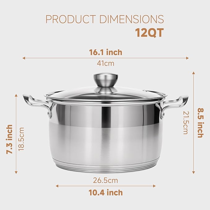 Ohtomber Stainless Steel Stock Pot - 12 Quart Large Cooking Pot with Lid for Pasta, Soup, Spaghetti, Nonstick Thick Base Deep Stockpot, Kitchen Cookware for Stew, Simmer, Boiling, Canning - Image 2