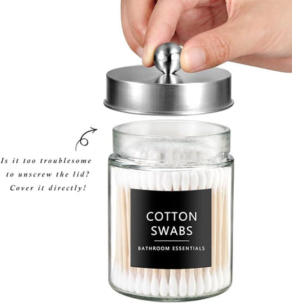 SheeChung Qtip Dispenser Holder 1pcs, Glass apothecary jars with Stainless Steel Lids &Stickers, Countertop Canister Guest Bathroom Storage Organizer Set for Cotton, Floss Picks(Brushed Nickel)