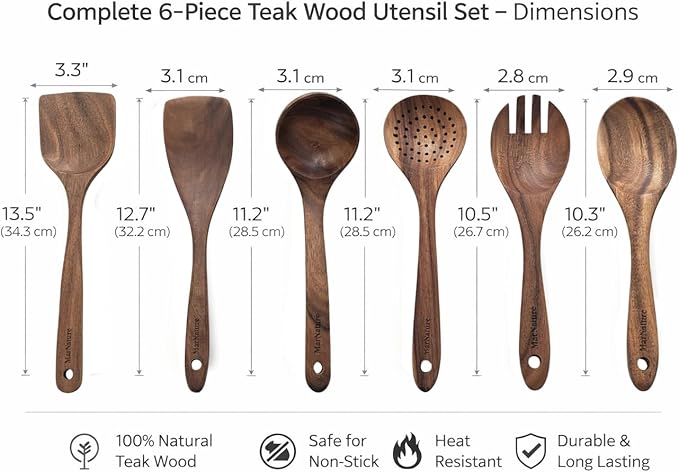Teak Wood Kitchen Utensils Set – 6 Piece, Sustainable Teak Cooking Utensils, Non-Stick Safe, Heat Resistant Wooden Spoons & Spatulas
