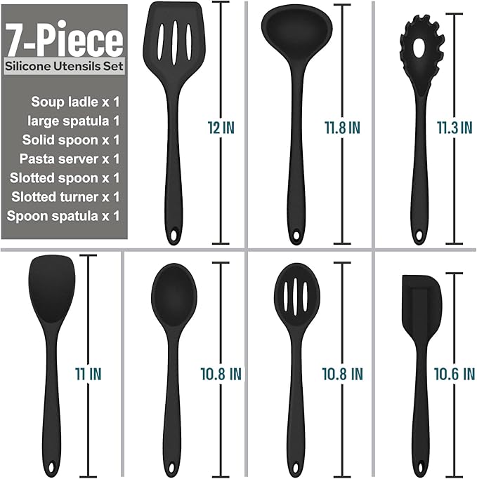 E-far Silicone Cooking Utensils Set, 7-Piece Black Heat Resistant Kitchen Utensils Set, Kitchen Nonstick Tools Spatula Ladle Spoon Pasta Server for Non-stick Cookware, Non-Toxic & Dishwasher safe - Image 5