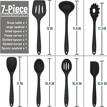 E-far Silicone Cooking Utensils Set, 7-Piece Black Heat Resistant Kitchen Utensils Set, Kitchen Nonstick Tools Spatula Ladle Spoon Pasta Server for Non-stick Cookware, Non-Toxic & Dishwasher safe - Image 5