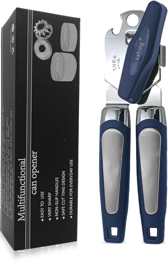 Safring Can Opener Manual, Handheld Strong Heavy Duty Stainless Steel Can Opener, Comfortable Handle, Sharp Blade Smooth Edge, Can Openers with Multifunctional Bottle Opener, Blue by Safring