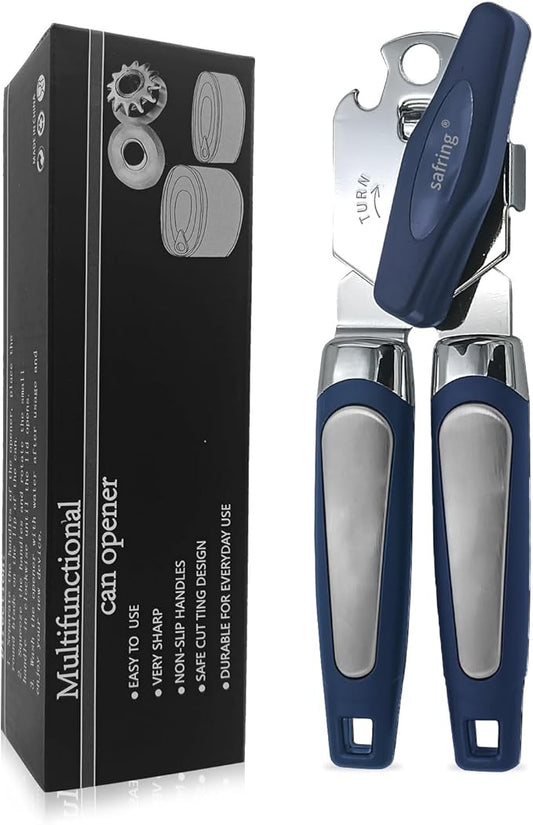 Safring Can Opener Manual, Handheld Strong Heavy Duty Stainless Steel Can Opener, Comfortable Handle, Sharp Blade Smooth Edge, Can Openers with Multifunctional Bottle Opener, Blue by Safring