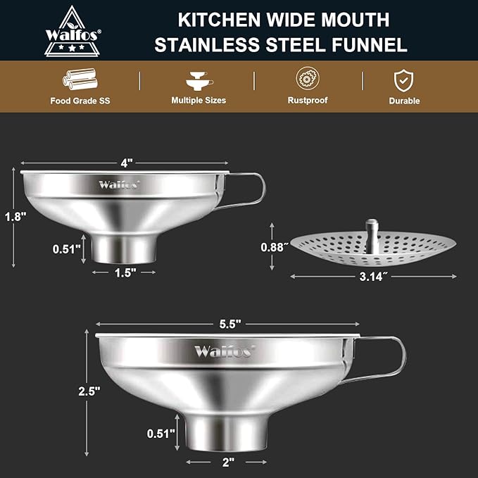 Walfos 5.5 Inch and 4 inch Stainless Steel Wide-Mouth Funnel with Handle for Wide and Regular Mason Jars Canning Jars,Wide Mouth Funnels for Kitchen Use Transferring Liquid and Dry Ingredients! - Image 4